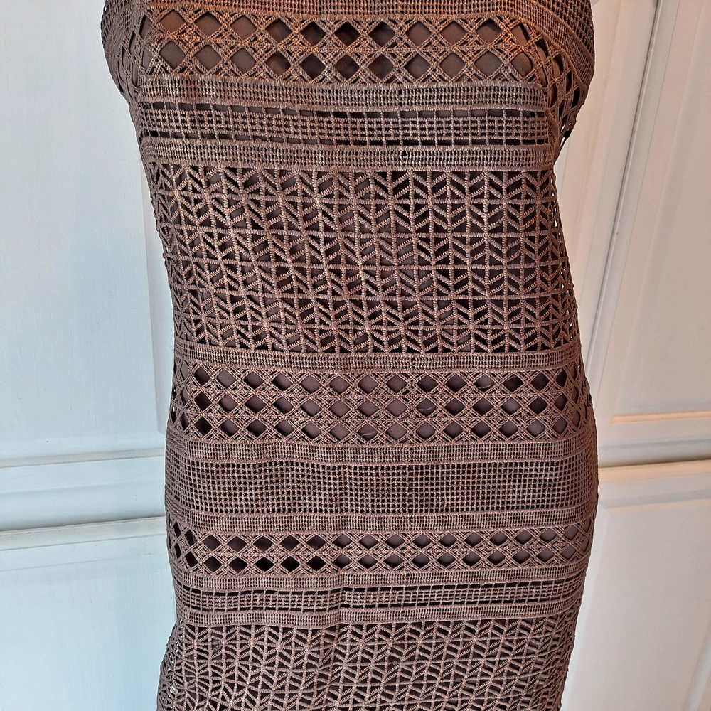 Brown Shimmer Crochet Laser Cut Halter Sheath Dress - Picture 3 of 11